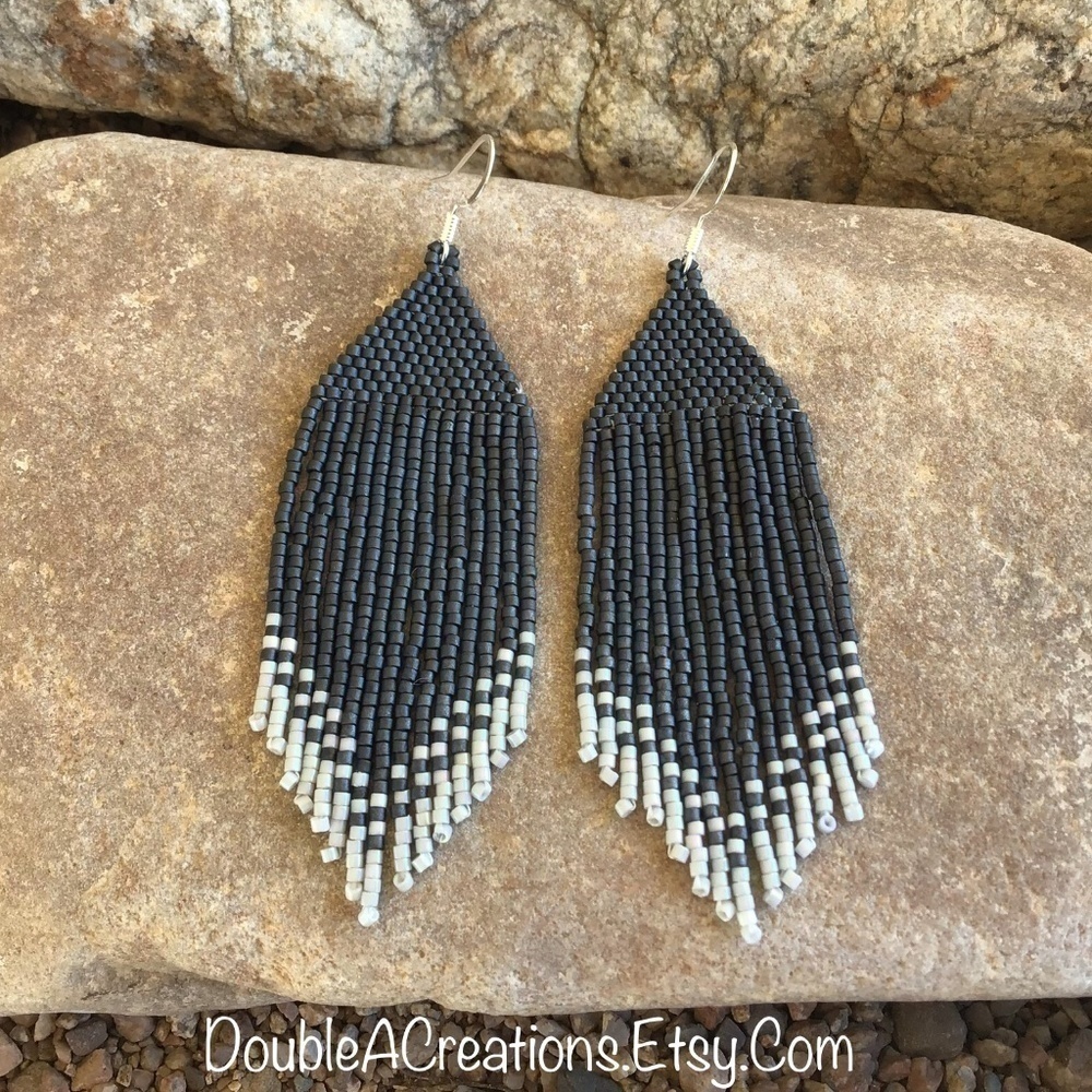 DARK Gray With Light Gray Tips Handmade Beaded Earrings,New, Handmade by Me